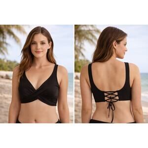 Venus Black Corset Bikini Top Goth Swim Padded Lace Tie Plunge Small Flattering